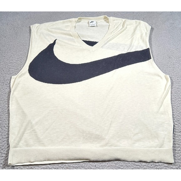 Nike Swoosh Sweater Vest Mens XL Beige Rayon Stretch Tight Knit V Neck Outdoor - Picture 1 of 9